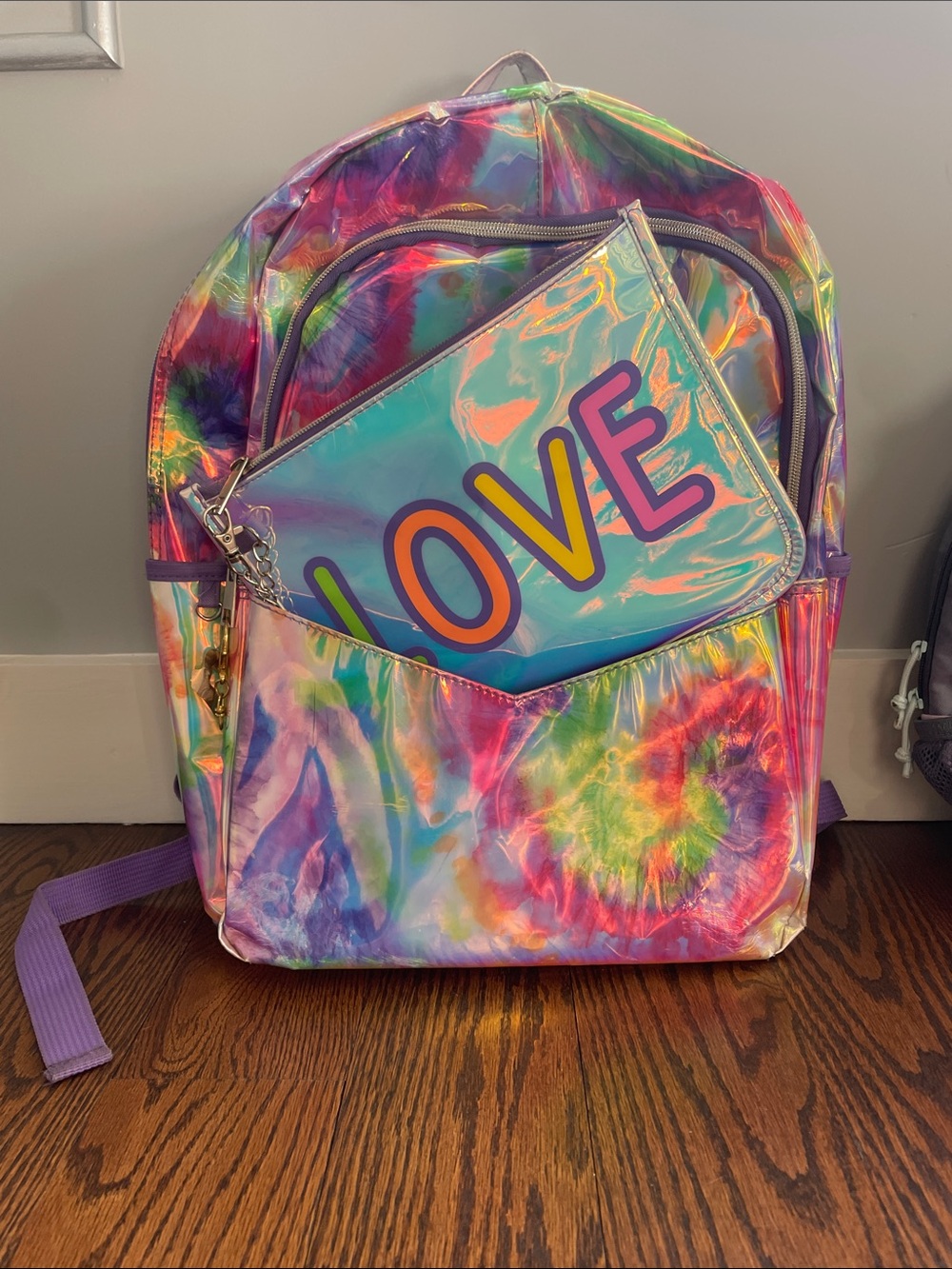 Iridescent Rainbow Holographic Backpack with LOVE Pouch
